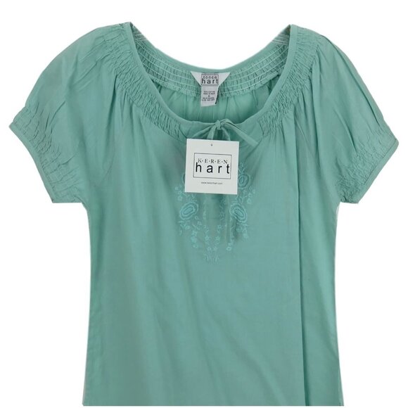 BOHO SmockTop Women Size Small Keren Hart Embroidered Hippie Boho Sage Green - Picture 5 of 8